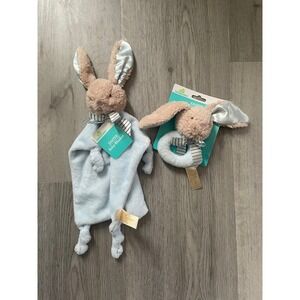 New Dan Dee Bunny Blue Security Blanket Knotted Corners Plush Baby Lovey Rattle